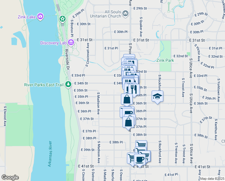 map of restaurants, bars, coffee shops, grocery stores, and more near 3512 South Norfolk Avenue in Tulsa