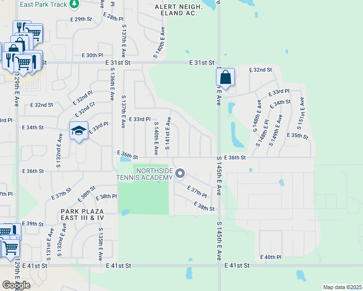map of restaurants, bars, coffee shops, grocery stores, and more near 3371 South 142nd East Avenue in Tulsa