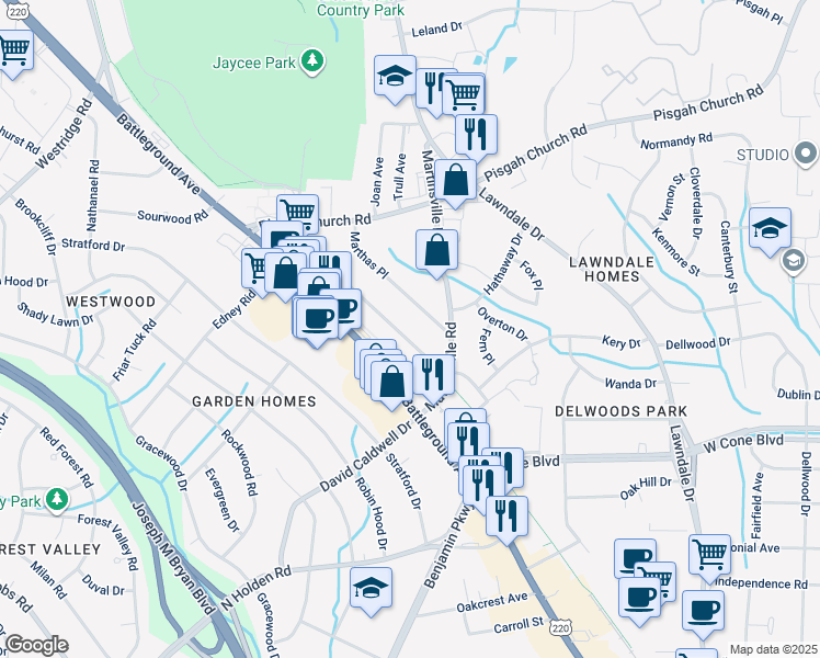 map of restaurants, bars, coffee shops, grocery stores, and more near 2918 Isaacs Place in Greensboro