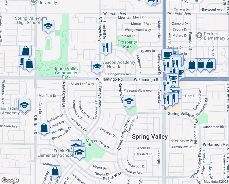 map of restaurants, bars, coffee shops, grocery stores, and more near 7247 Pleasant View Avenue in Las Vegas