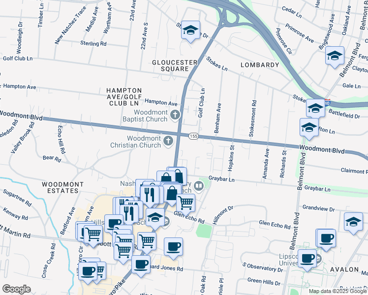 map of restaurants, bars, coffee shops, grocery stores, and more near 2025 Woodmont Boulevard in Nashville