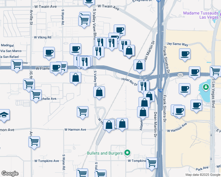 map of restaurants, bars, coffee shops, grocery stores, and more near 4200 South Valley View Boulevard in Las Vegas