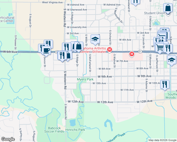 map of restaurants, bars, coffee shops, grocery stores, and more near 2002 West 9th Avenue in Stillwater