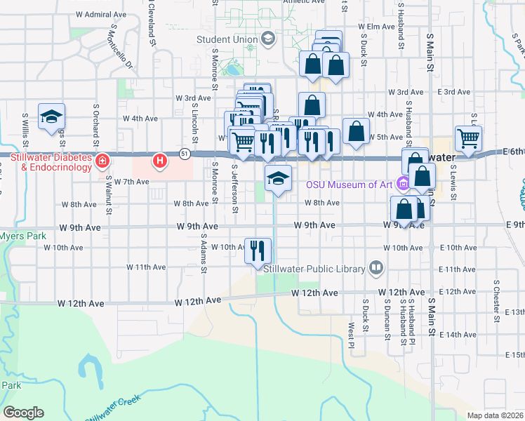 map of restaurants, bars, coffee shops, grocery stores, and more near 824 South Washington Street in Stillwater