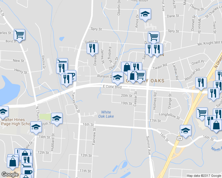 map of restaurants, bars, coffee shops, grocery stores, and more near 1324 East Cone Boulevard in Greensboro