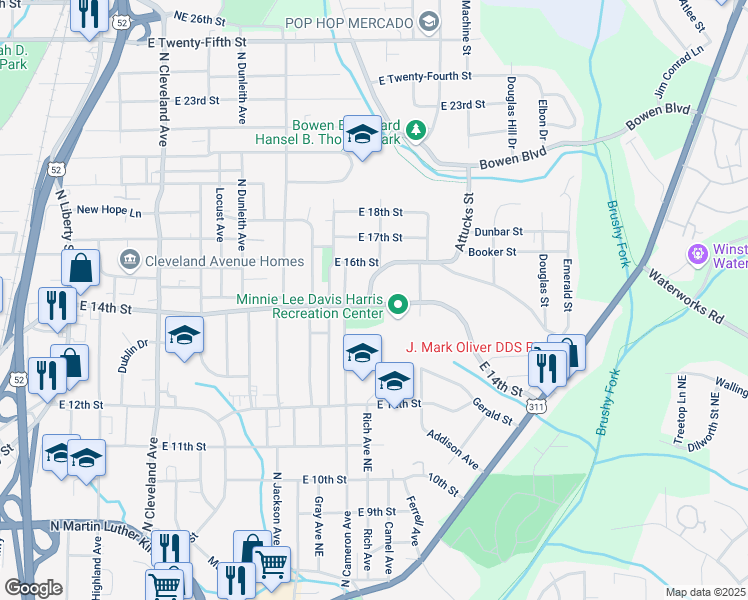 map of restaurants, bars, coffee shops, grocery stores, and more near 2003 14th Street Northeast in Winston-Salem