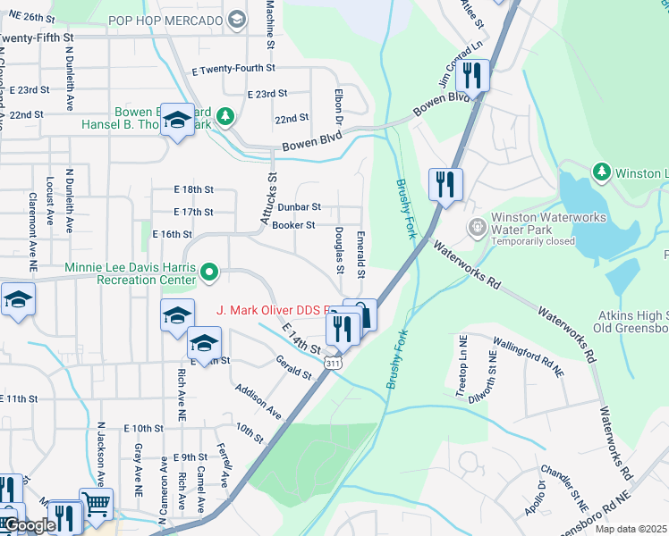 map of restaurants, bars, coffee shops, grocery stores, and more near 1409 Douglas Street in Winston-Salem