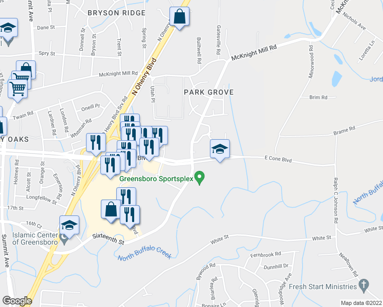 map of restaurants, bars, coffee shops, grocery stores, and more near 2518 16th Street in Greensboro