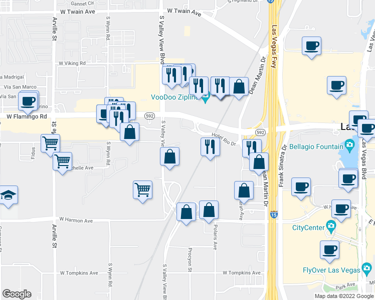map of restaurants, bars, coffee shops, grocery stores, and more near 4200 South Valley View Boulevard in Las Vegas