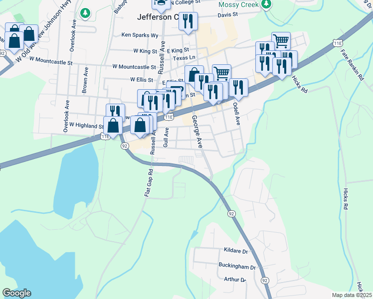 map of restaurants, bars, coffee shops, grocery stores, and more near 1306 Tennessee 92 in Jefferson City