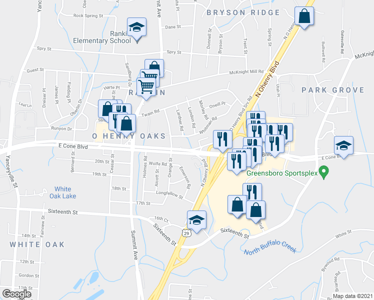 map of restaurants, bars, coffee shops, grocery stores, and more near 2003 North O Henry Boulevard Srv Road in Greensboro