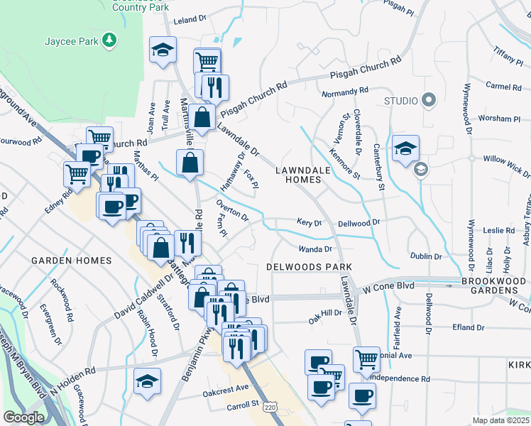 map of restaurants, bars, coffee shops, grocery stores, and more near 2305 Kery Drive in Greensboro