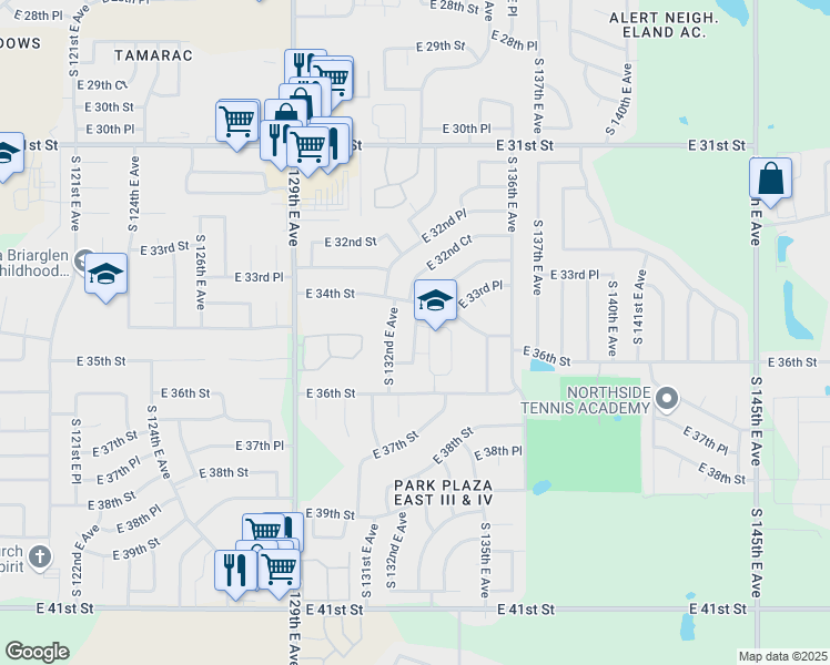 map of restaurants, bars, coffee shops, grocery stores, and more near 3433 South 133rd East Avenue in Tulsa