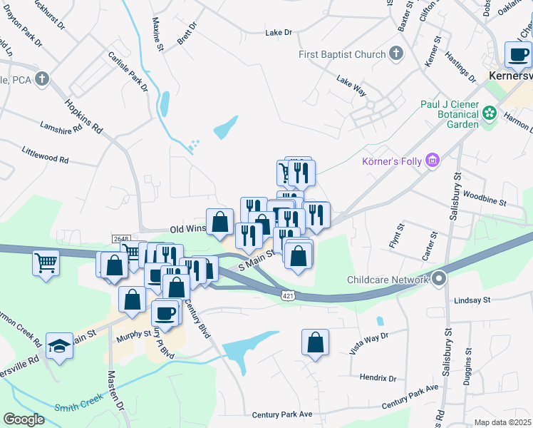 map of restaurants, bars, coffee shops, grocery stores, and more near 838 South Main Street in Kernersville