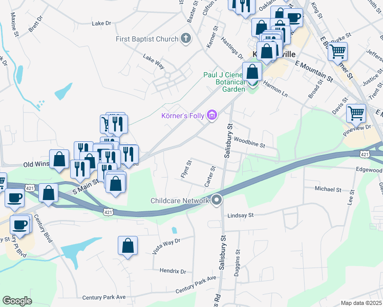 map of restaurants, bars, coffee shops, grocery stores, and more near 201 Center Street in Kernersville