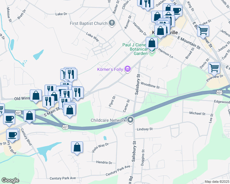 map of restaurants, bars, coffee shops, grocery stores, and more near 201 Center Street in Kernersville