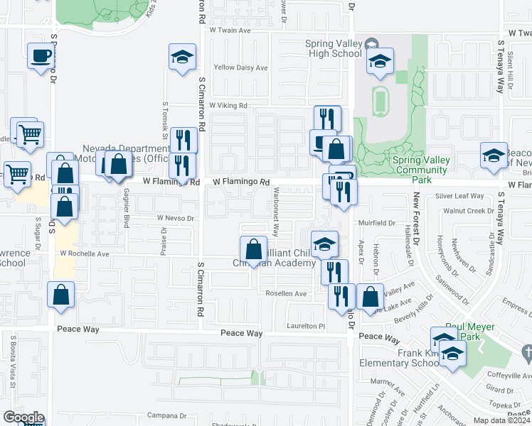 map of restaurants, bars, coffee shops, grocery stores, and more near 8101 West Flamingo Road in Las Vegas