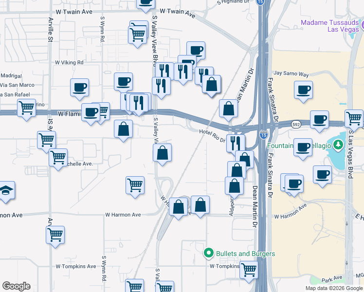map of restaurants, bars, coffee shops, grocery stores, and more near 4200 South Valley View Boulevard in Las Vegas