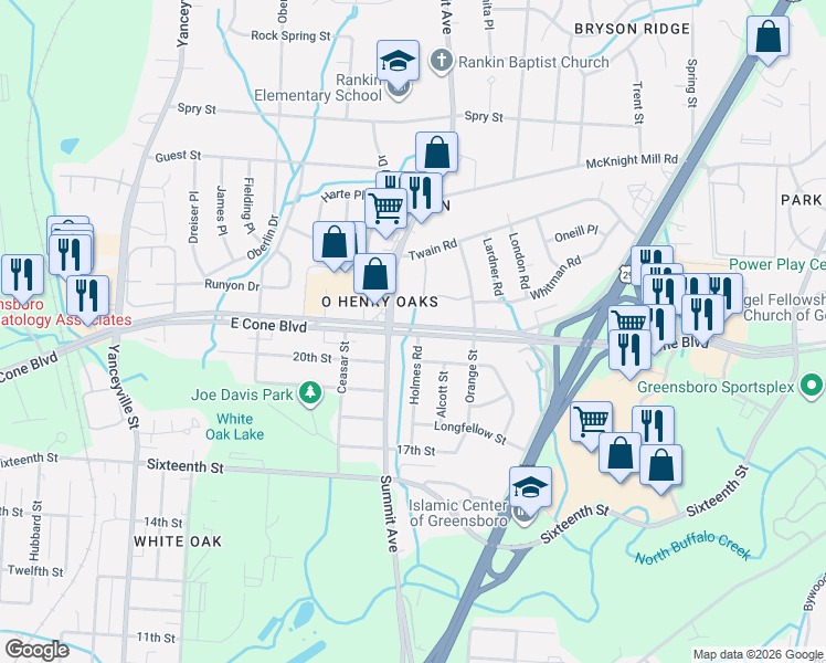 map of restaurants, bars, coffee shops, grocery stores, and more near 2903 Holmes Road in Greensboro