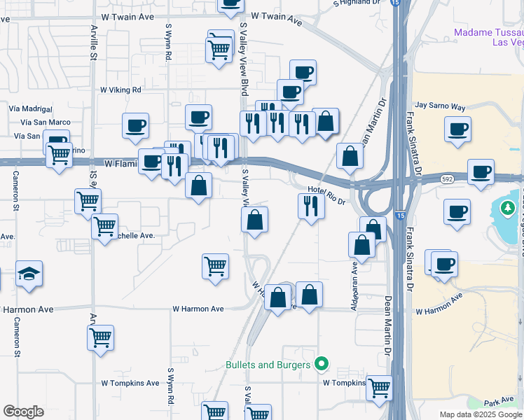 map of restaurants, bars, coffee shops, grocery stores, and more near 4200 South Valley View Boulevard in Las Vegas