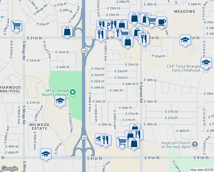 map of restaurants, bars, coffee shops, grocery stores, and more near 10808 East 34th Place in Tulsa