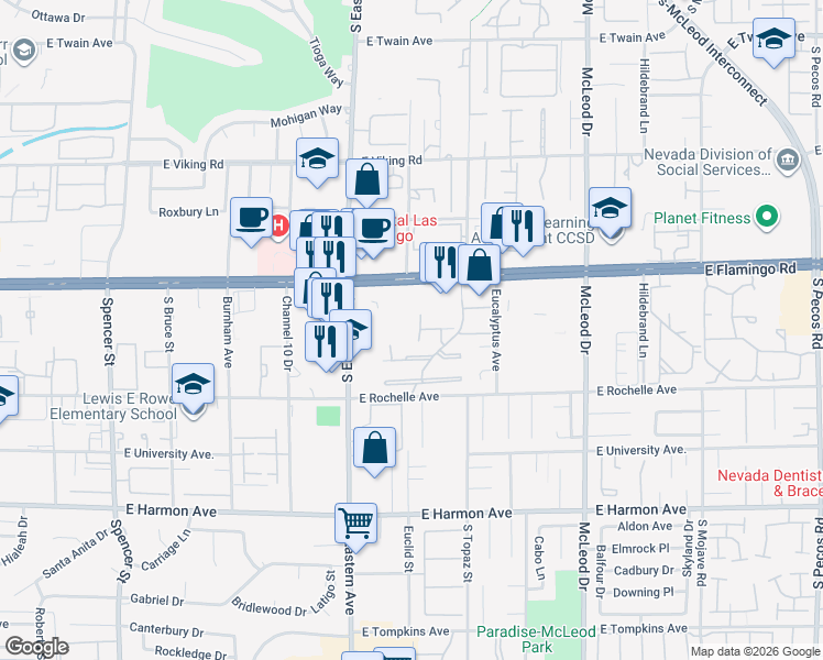 map of restaurants, bars, coffee shops, grocery stores, and more near 2538 Whippoorwill Lane in Las Vegas