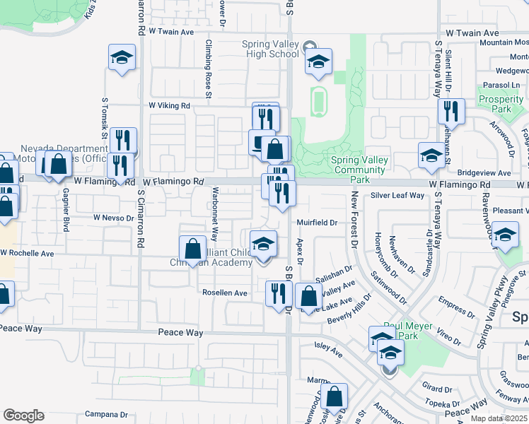 map of restaurants, bars, coffee shops, grocery stores, and more near 7885 West Flamingo Road in Las Vegas