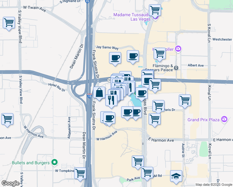 map of restaurants, bars, coffee shops, grocery stores, and more near 3600 Las Vegas Boulevard South in Las Vegas