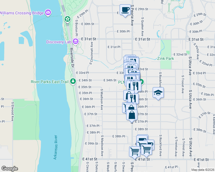 map of restaurants, bars, coffee shops, grocery stores, and more near 3508 South Madison Place in Tulsa