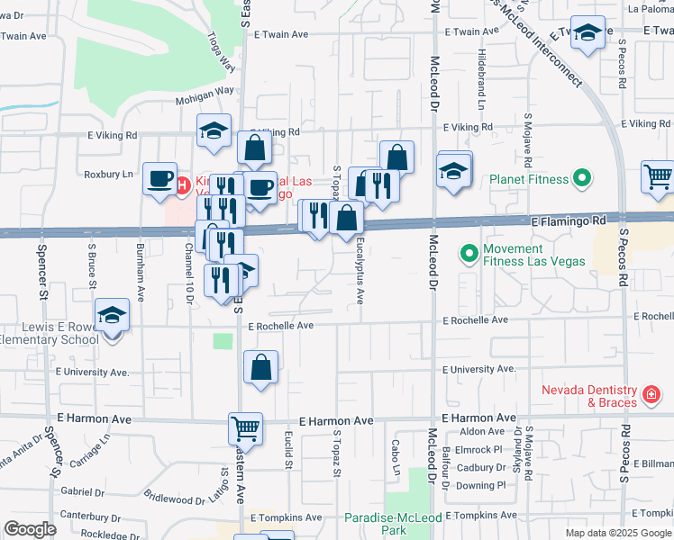 map of restaurants, bars, coffee shops, grocery stores, and more near 4200 Flamingo Crest Drive in Las Vegas