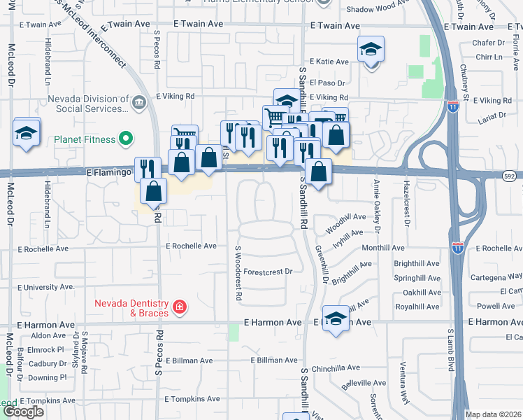 map of restaurants, bars, coffee shops, grocery stores, and more near 4220 West Pinecrest Circle in Las Vegas