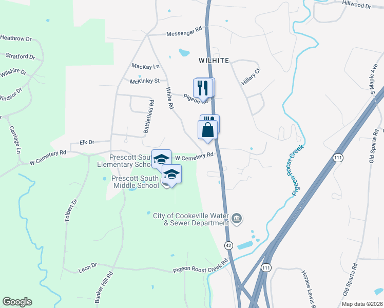 map of restaurants, bars, coffee shops, grocery stores, and more near 115 West Cemetery Road in Cookeville