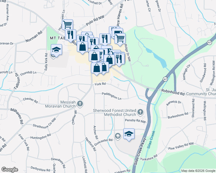 map of restaurants, bars, coffee shops, grocery stores, and more near 3351 Paddington Lane in Winston-Salem