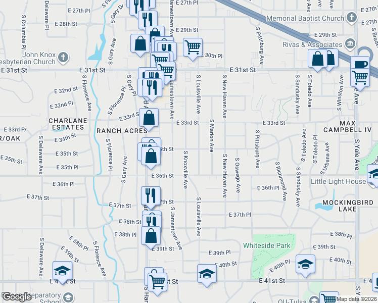 map of restaurants, bars, coffee shops, grocery stores, and more near 3524 South Knoxville Avenue in Tulsa