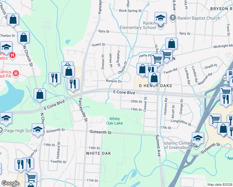 map of restaurants, bars, coffee shops, grocery stores, and more near 1325 20th Street in Greensboro