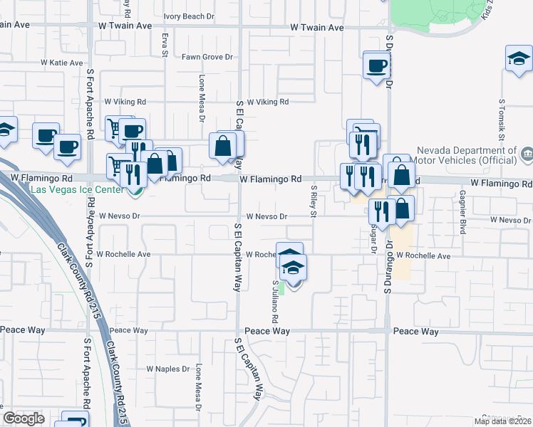 map of restaurants, bars, coffee shops, grocery stores, and more near 8943 Sierra Linda Drive in Las Vegas