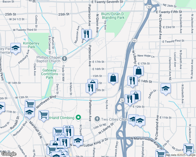 map of restaurants, bars, coffee shops, grocery stores, and more near 318 14th Street Northeast in Winston-Salem