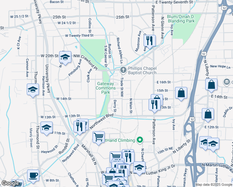 map of restaurants, bars, coffee shops, grocery stores, and more near 1352 Trade Street Northwest in Winston-Salem