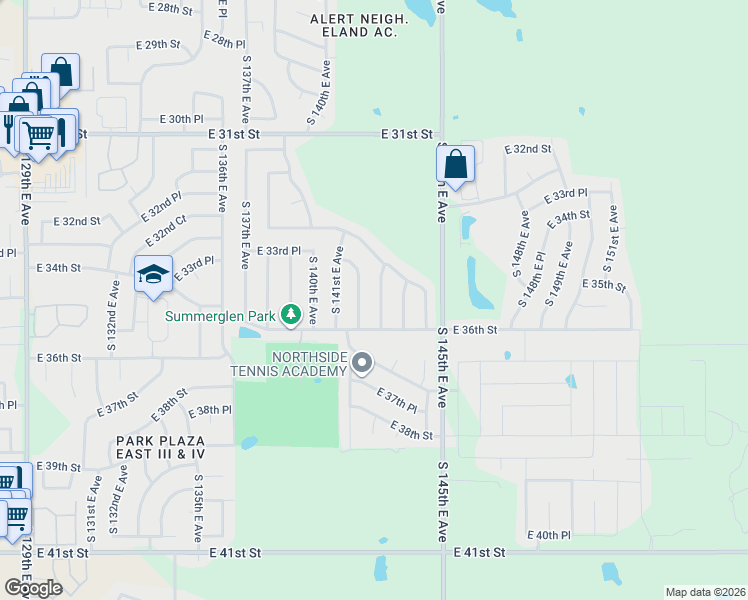 map of restaurants, bars, coffee shops, grocery stores, and more near 3371 South 142nd East Avenue in Tulsa
