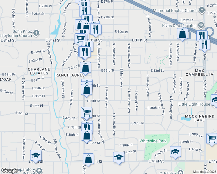 map of restaurants, bars, coffee shops, grocery stores, and more near 3524 South Knoxville Avenue in Tulsa