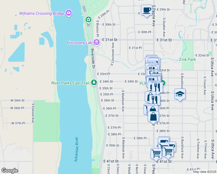 map of restaurants, bars, coffee shops, grocery stores, and more near 207 East 35th Place in Tulsa