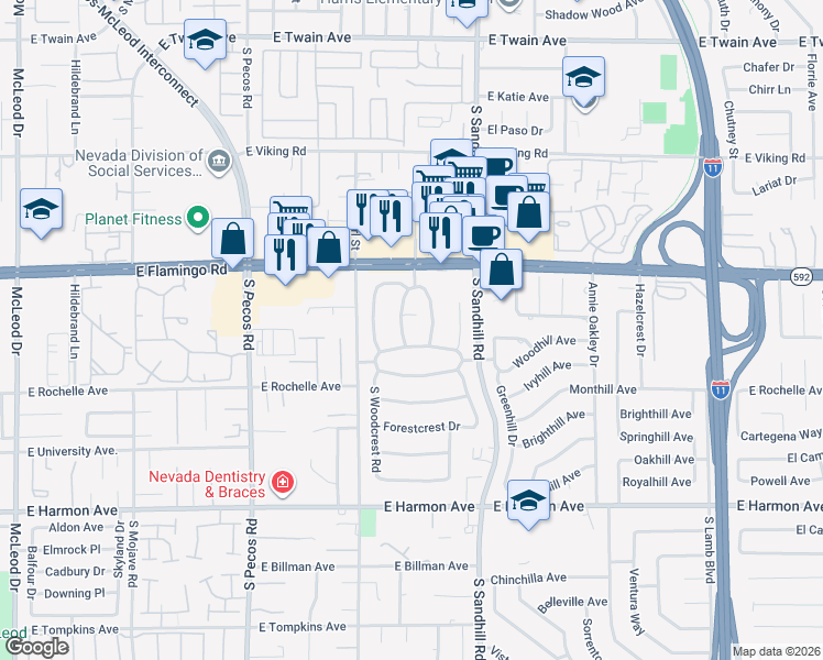 map of restaurants, bars, coffee shops, grocery stores, and more near 4220 West Pinecrest Circle in Las Vegas