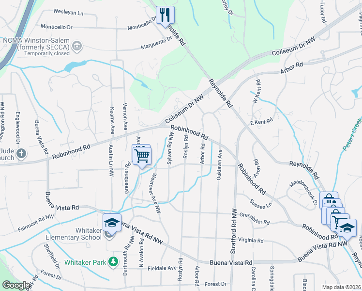 map of restaurants, bars, coffee shops, grocery stores, and more near 821 Sylvan Road Northwest in Winston-Salem
