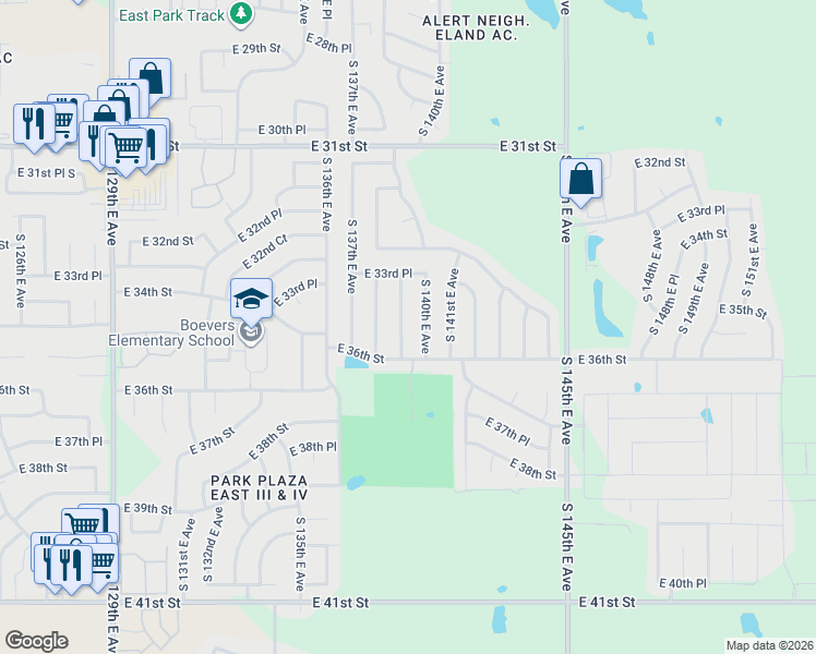 map of restaurants, bars, coffee shops, grocery stores, and more near 3365 South 139th East Avenue in Tulsa