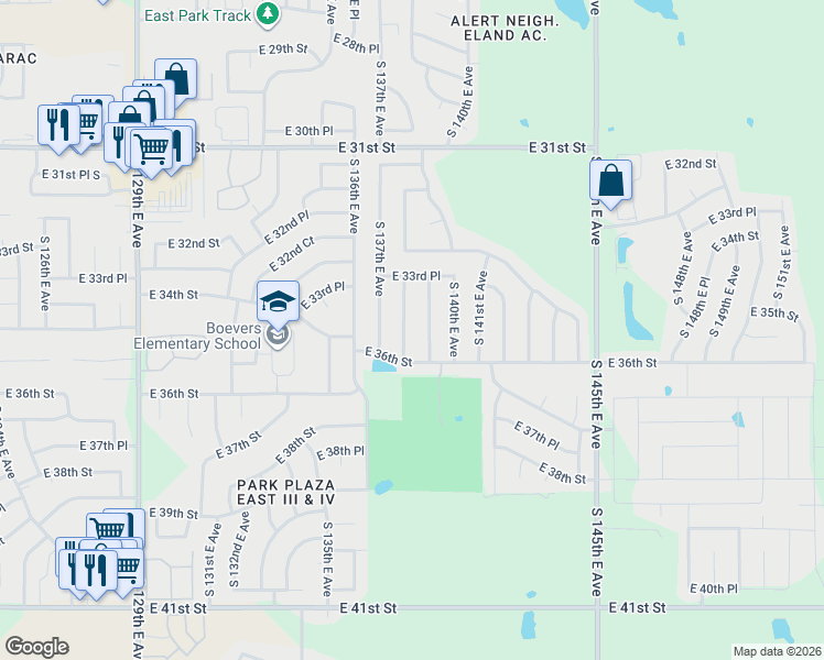 map of restaurants, bars, coffee shops, grocery stores, and more near 3366 South 138th East Avenue in Tulsa