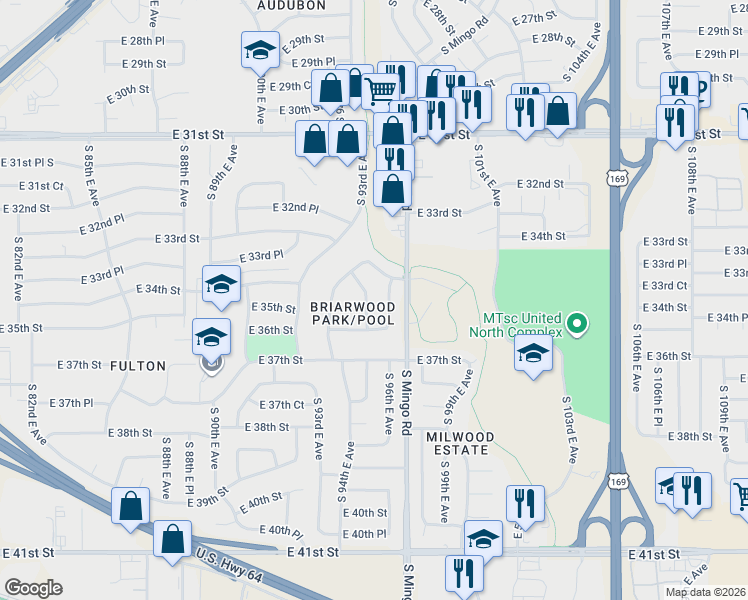 map of restaurants, bars, coffee shops, grocery stores, and more near 3440 South 96th East Avenue in Tulsa