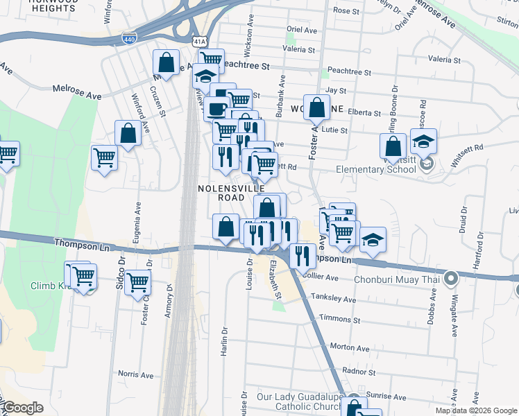 map of restaurants, bars, coffee shops, grocery stores, and more near 2801 Nolensville Pike in Nashville