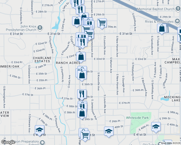 map of restaurants, bars, coffee shops, grocery stores, and more near 3524 South Jamestown Avenue in Tulsa