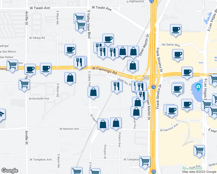 map of restaurants, bars, coffee shops, grocery stores, and more near 4200 South Valley View Boulevard in Las Vegas
