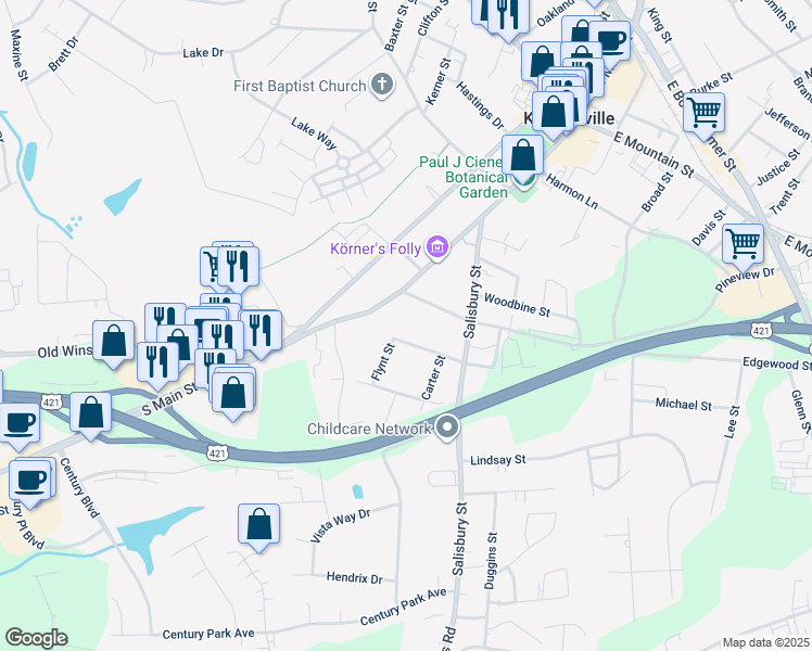 map of restaurants, bars, coffee shops, grocery stores, and more near 205 Center Street in Kernersville